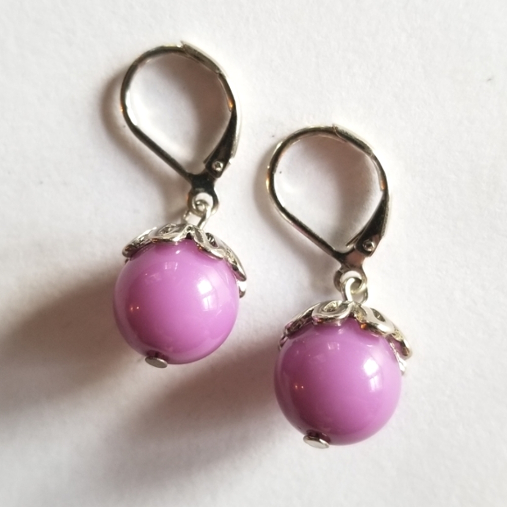 Purple bead earrings silver tone lavender dainty
